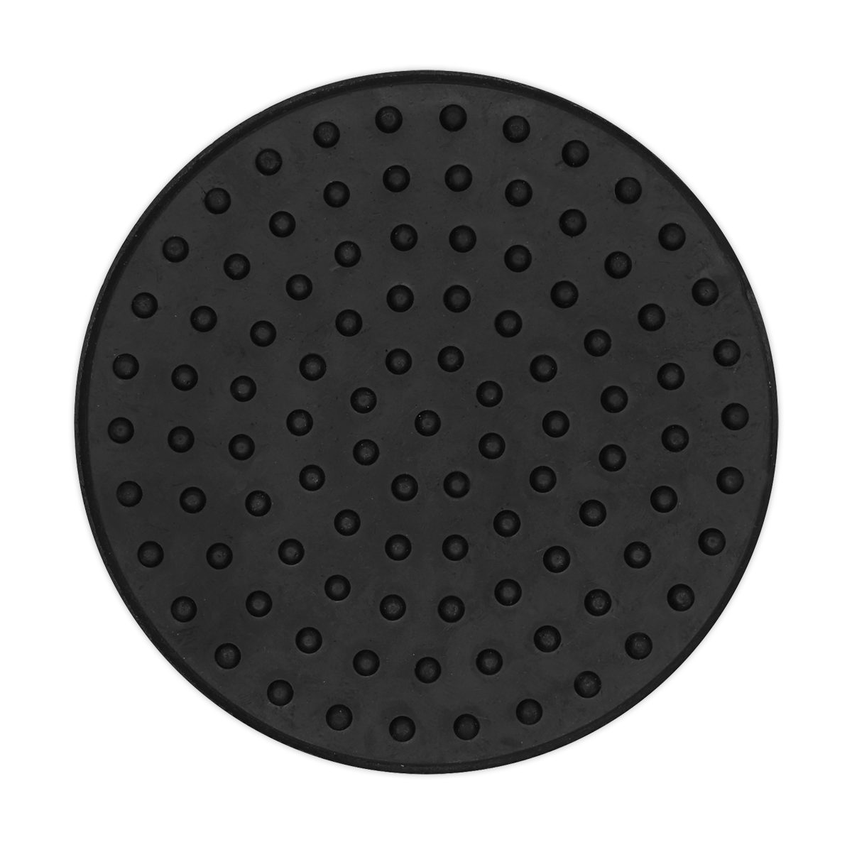 The Sealey Safety Rubber Jack Pad - Type B - JP15 is a round, black rubber mat featuring evenly spaced raised dots across its surface, making it an ideal jack saddle.