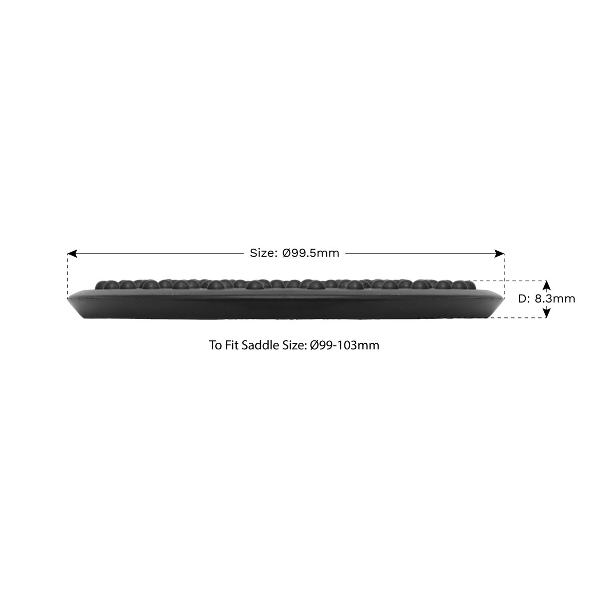 The Sealey Safety Rubber Jack Pad - Type B - JP16 is a circular black object with dimensions of 99.5mm in diameter and 8.3mm in height, designed to fit jack saddle sizes ranging from 99-103mm.