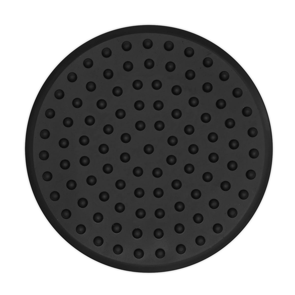 The Sealey Safety Rubber Jack Pad - Type B - JP16 is a round, black silicone mat with evenly spaced raised dots across its surface, perfect for use as a jack saddle at the jacking point.