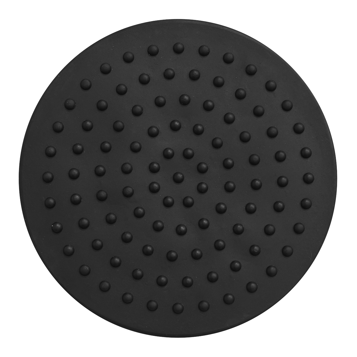 The Safety Rubber Jack Pad - Type B - JP18 by Sealey is a round, black rubber mat featuring evenly spaced raised dots, perfect for placing under a vehicle jacking point.