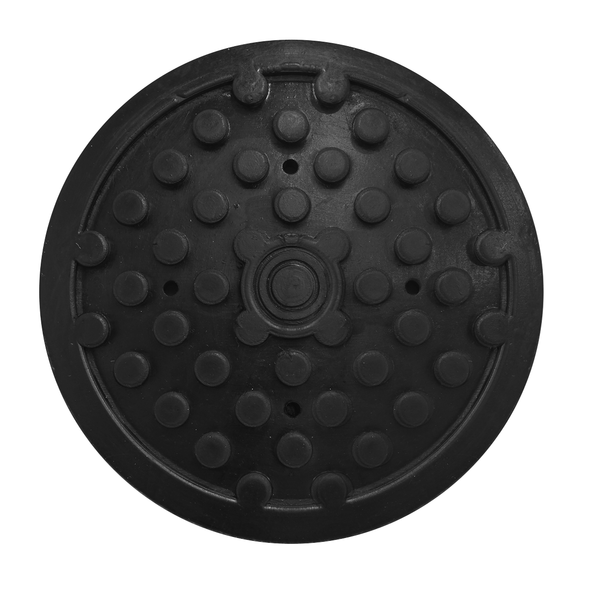 The Safety Rubber Jack Pad - Type C - JP19 by Sealey is a round, black pad made from rubber, featuring an evenly distributed pattern of protruding circular bumps across its surface.