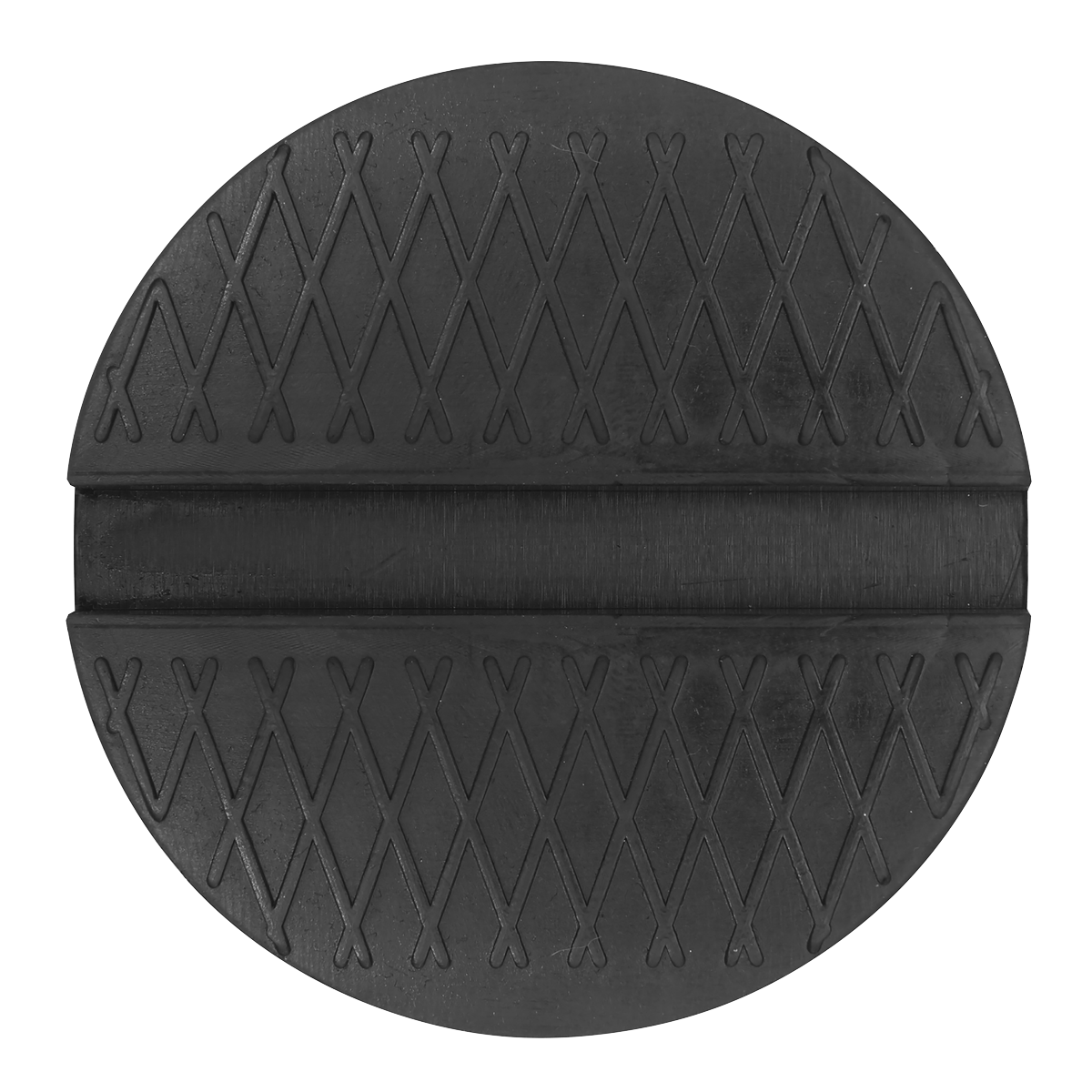 The Jacking Pad Slotted Pinch Weld Universal - JP20 by Sealey is a round, black pad made from durable rubber, designed with a cross-hatched pattern and featuring a centered horizontal groove.