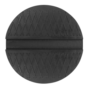 The Jacking Pad Slotted Pinch Weld Universal - JP20 by Sealey is a round, black pad made from durable rubber, designed with a cross-hatched pattern and featuring a centered horizontal groove.