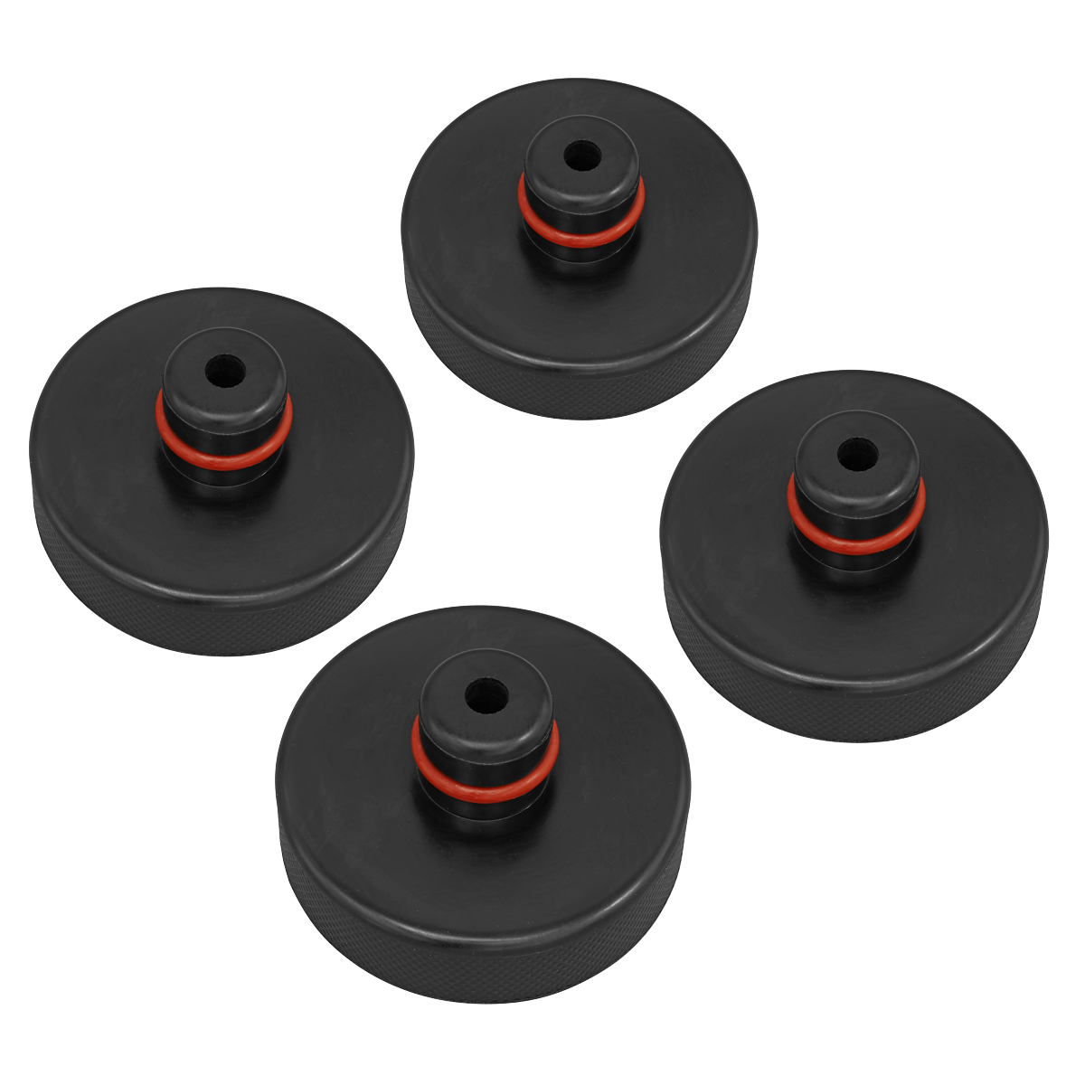 Sealey's Jacking Pad Set Tesla - JPT4 includes four high-quality round black weight plates with red accents, designed with a central hole for mounting on a barbell and crafted from durable rubber for a secure fit.