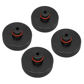 Sealey's Jacking Pad Set Tesla - JPT4 includes four high-quality round black weight plates with red accents, designed with a central hole for mounting on a barbell and crafted from durable rubber for a secure fit.