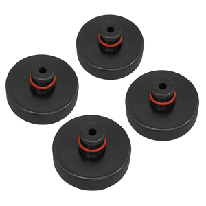 Sealey's Jacking Pad Set Tesla - JPT4 includes four high-quality round black weight plates with red accents, designed with a central hole for mounting on a barbell and crafted from durable rubber for a secure fit.