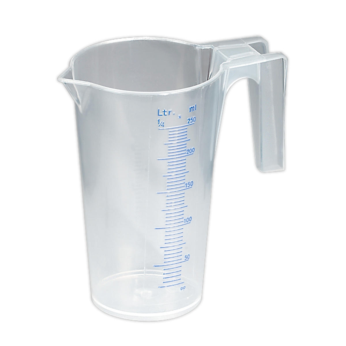 The Sealey Measuring Jug Translucent 0.25L - JT0250 features a handle and is marked with an easy-to-read scale in milliliters and liters, enabling accurate measurement up to its capacity of 250 milliliters.