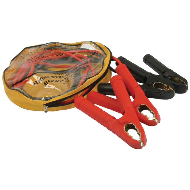 A set of Sparex Jump Leads, cable size 22mm² (400 Amps), with heavy-duty handles, partially coiled in a yellow circular zippered carrying case with a transparent top. These PVC-coated cables ensure durability and reliable performance.