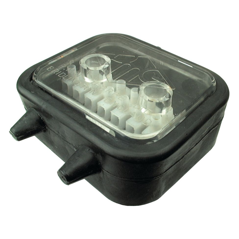 The Sparex Junction Box - Rubber - 8 Terminals (Part No. S.14401) is a black, rectangular plastic case with a transparent lid that reveals two internal metallic connection points and features two external protruding nozzles at the front. This compact junction box is designed for efficient electrical management.
