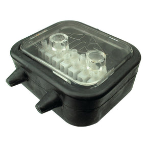 The Sparex Junction Box - Rubber - 8 Terminals (Part No. S.14401) is a black, rectangular plastic case with a transparent lid that reveals two internal metallic connection points and features two external protruding nozzles at the front. This compact junction box is designed for efficient electrical management.