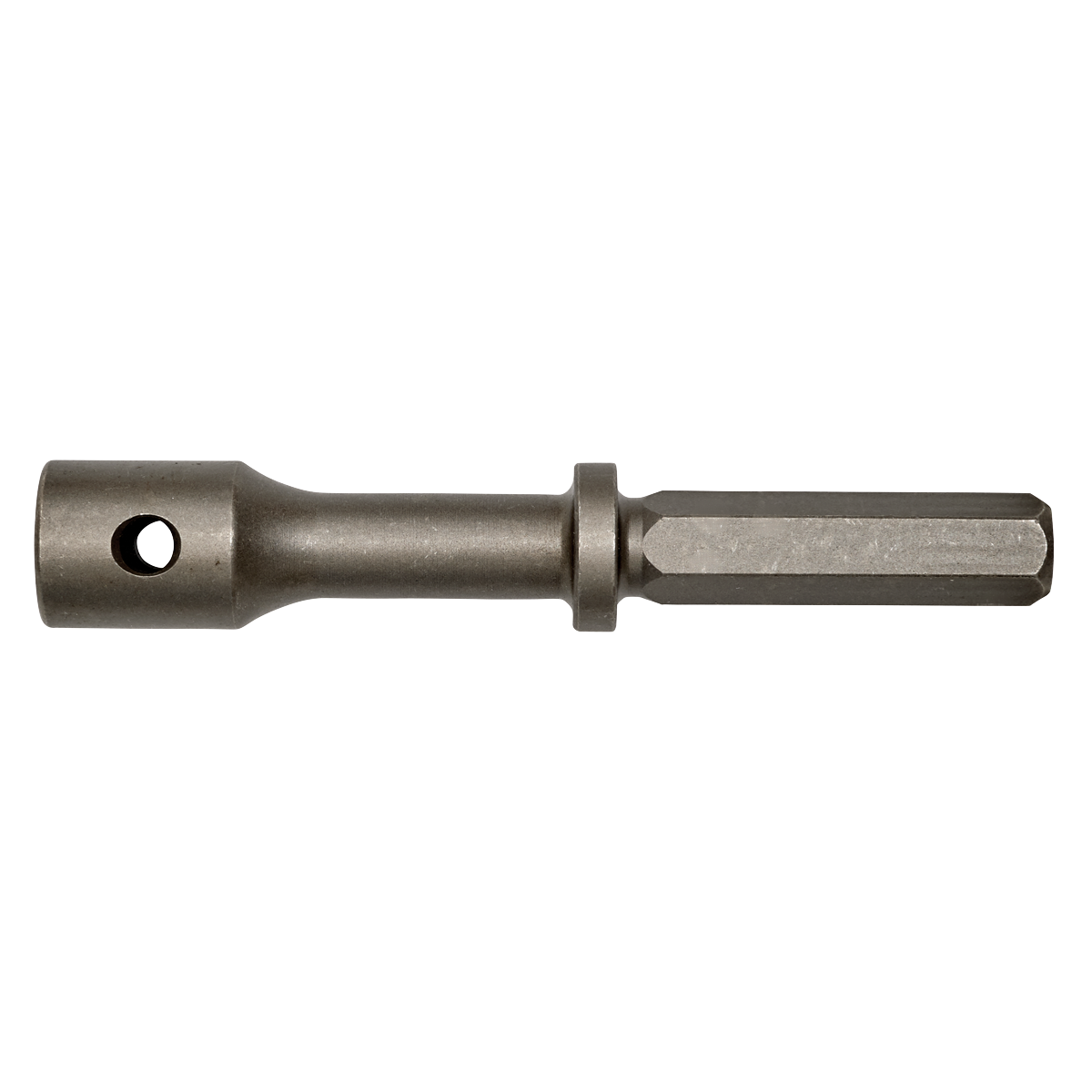 Close-up of the Sealey Chuck Adaptor - Kango 950 to K Taper - K1K, a metallic hex shank drill bit adaptor featuring a hole near the base, designed for connecting K Taper drill bits to power drills and compatible with Kango 950 Machines.