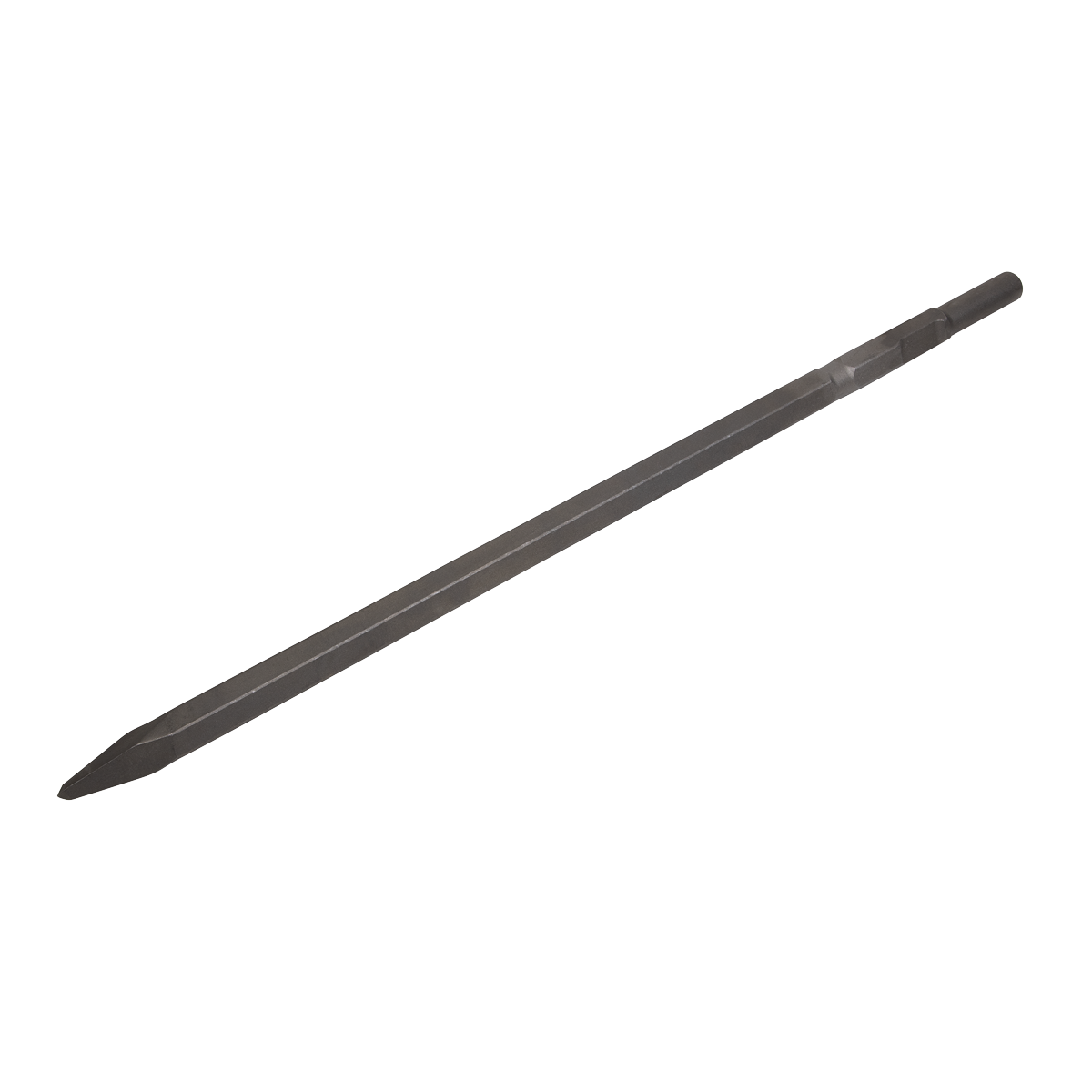 A Sealey Point 600mm - Kango 900 - K3PT is a long, pointed metal chisel with a hexagonal shaft, compatible with brands like Makita.