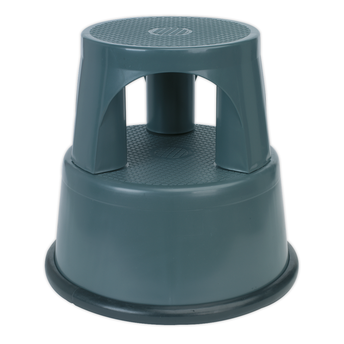 The Sealey Kick-Step Composite - KS2 is a cylindrical green plastic step stool featuring two steps, a non-slip surface, and a textured top.