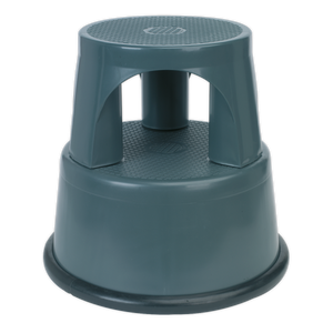 The Sealey Kick-Step Composite - KS2 is a cylindrical green plastic step stool featuring two steps, a non-slip surface, and a textured top.