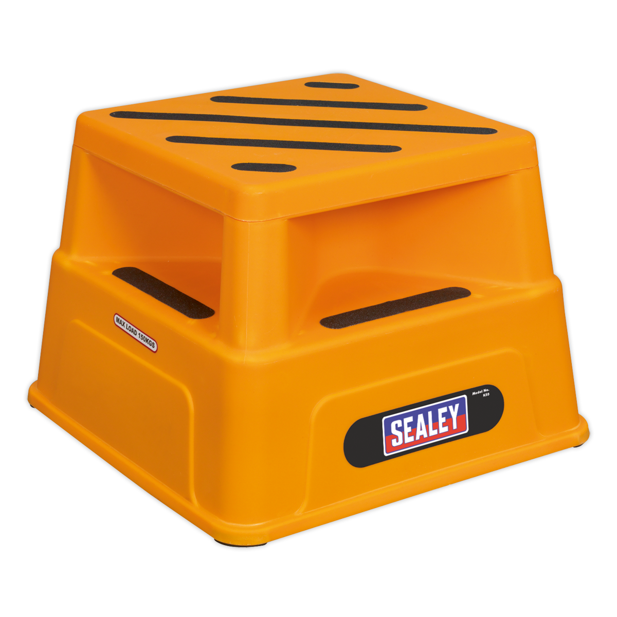 The Platform Safety Step Heavy-Duty - KS5 by Sealey is a yellow plastic safety step featuring black stripes on its large step surface. It includes cutout handles on the sides and proudly displays the "Sealey" logo on the front, offering stability and ease of use.