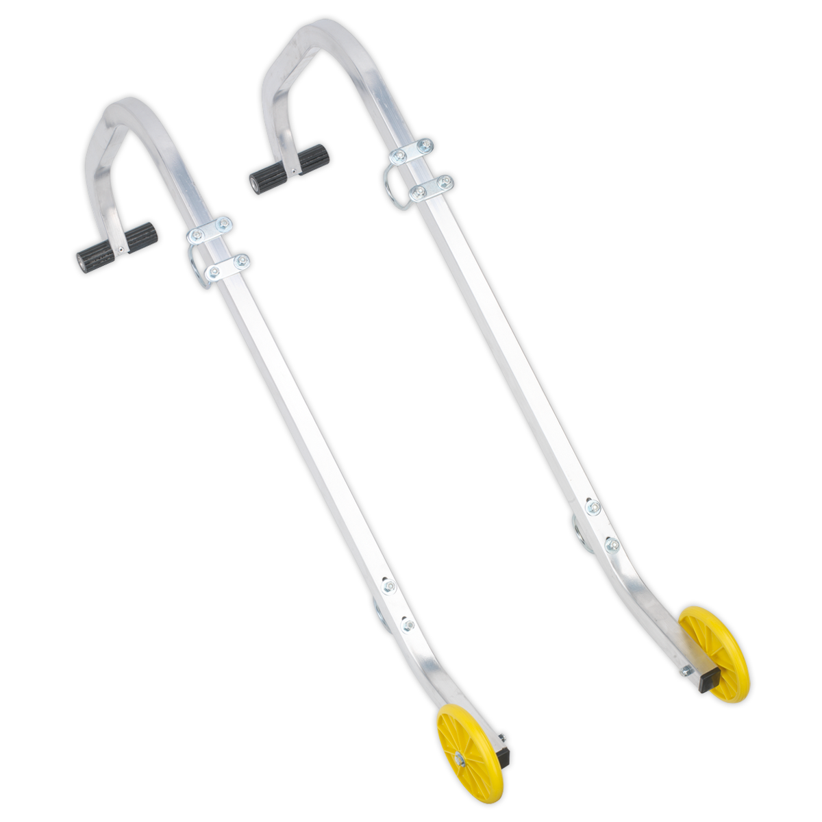 Image of two Ladder Roof Hooks - LAD003 by Sealey, with a design featuring silver hooks, yellow wheels, and black rubber attachments, resembling parts of a lightweight aluminium ladder.