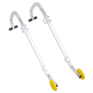 Image of two Ladder Roof Hooks - LAD003 by Sealey, with a design featuring silver hooks, yellow wheels, and black rubber attachments, resembling parts of a lightweight aluminium ladder.