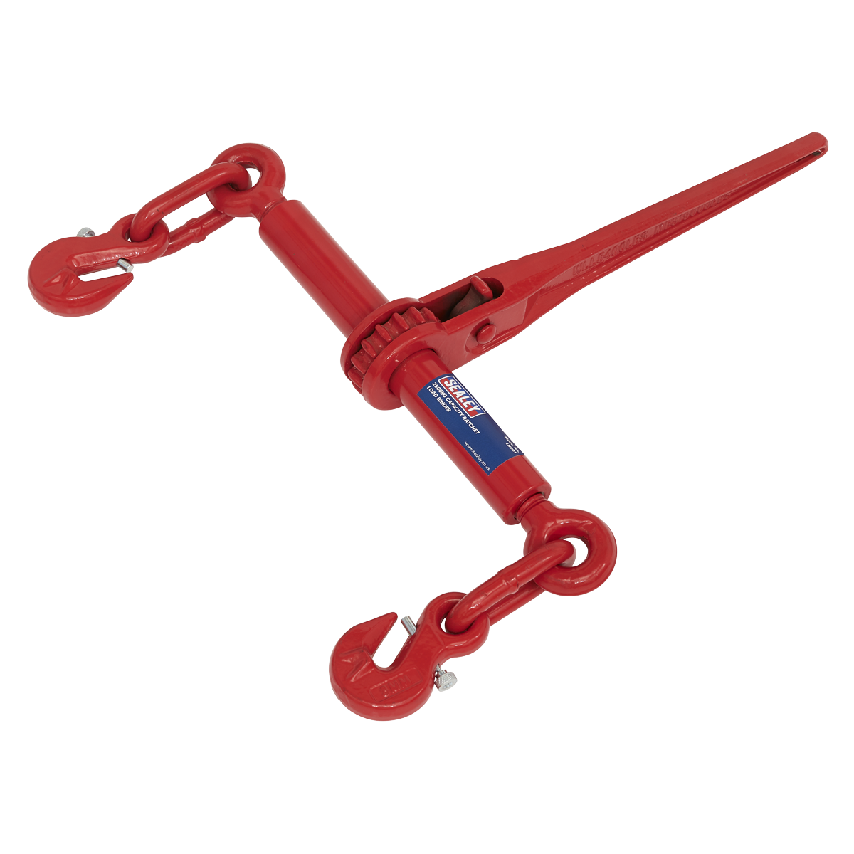 The Sealey Ratchet Load Binder 7.9-9.5mm 2500kg Capacity - LB001, featuring hooks at both ends and crafted from heat-treated steel for enhanced durability, is used for securing and tightening chains. It's displayed against a white background.