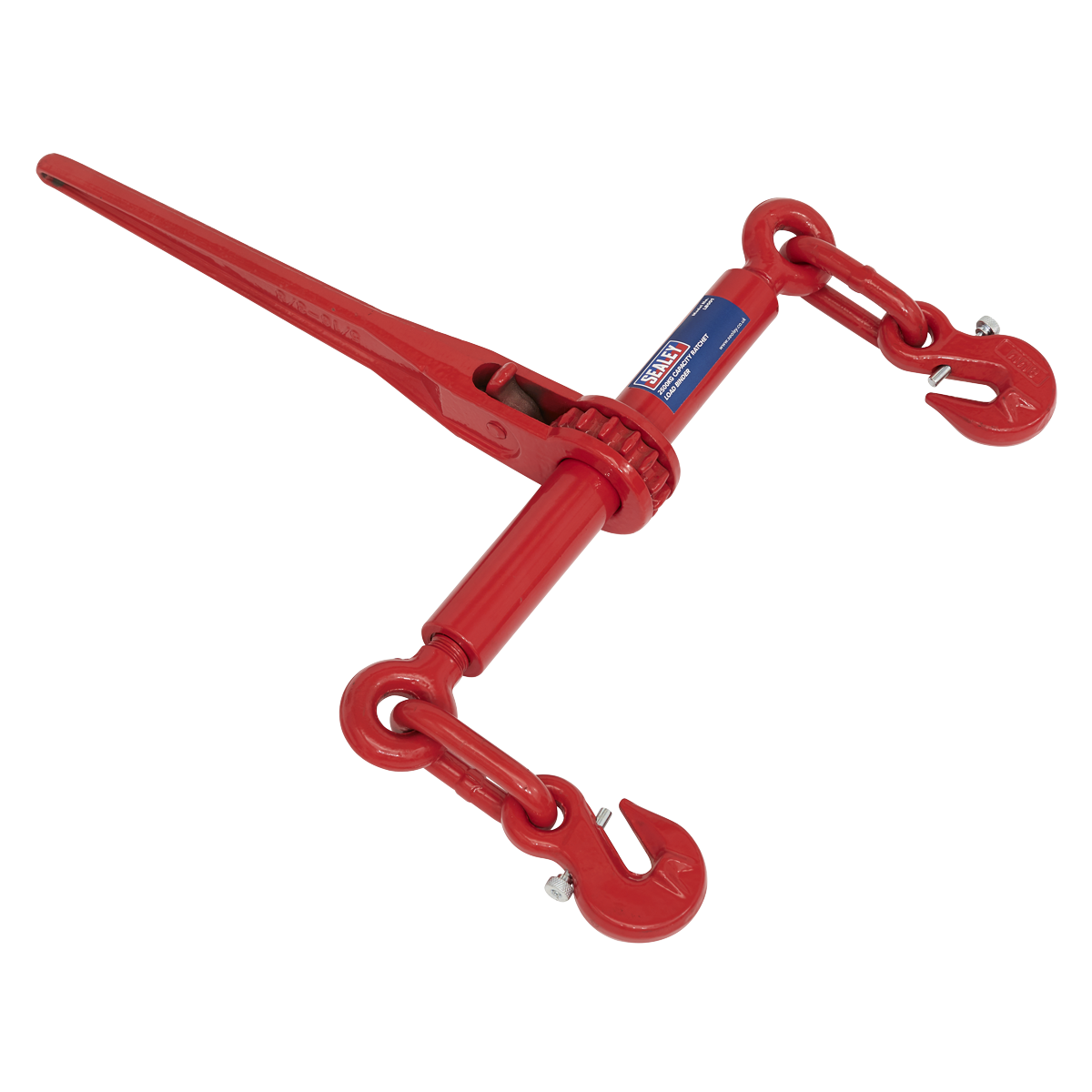 A Sealey Ratchet Load Binder, model LB001, designed with heat-treated steel for extra leverage and equipped with hooks on both ends to clamp large loads weighing up to 2500kg, is displayed against a white background.