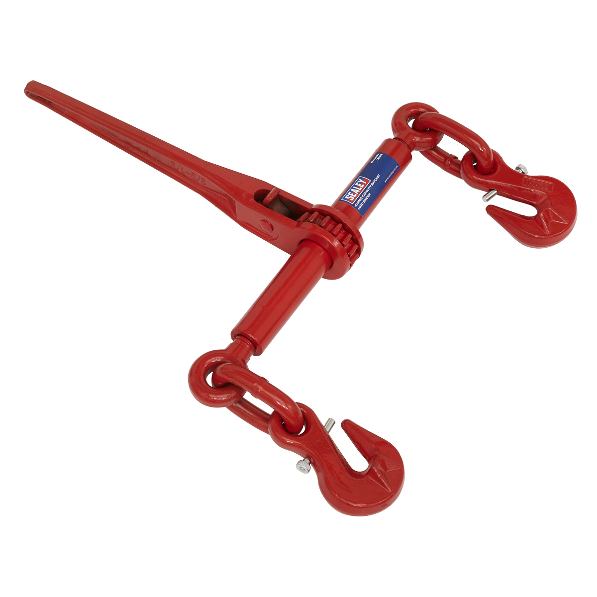 Introducing the Sealey Ratchet Load Binder LB002, a robust tool with a 9.5-12.7mm capacity and a load limit of 4200kg. This durable red load binder, complete with two hooks, is crafted from heat-treated steel to ensure long-lasting reliability. Perfect for commercial drivers, it's specifically designed for securely clamping large loads during transport.