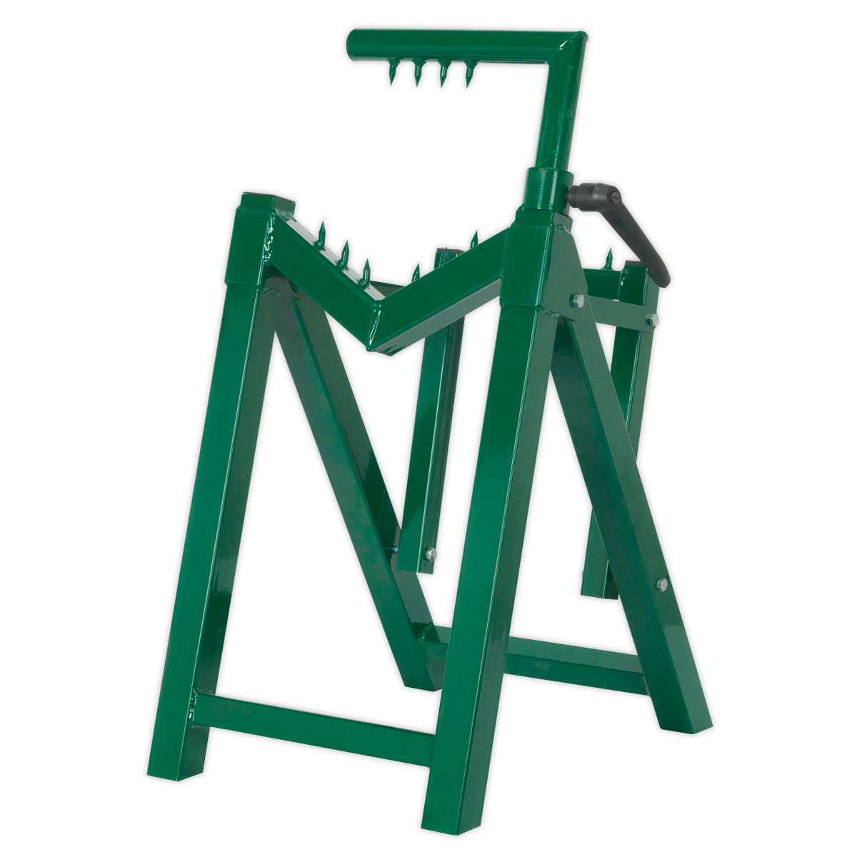 The Sealey Heavy-Duty Log Stand Ø230mm Capacity - LC300ST is a green metal saw horse that's easy to assemble and compatible with chainsaws. It securely holds logs for cutting, featuring serrated edges and sturdy legs for stability.