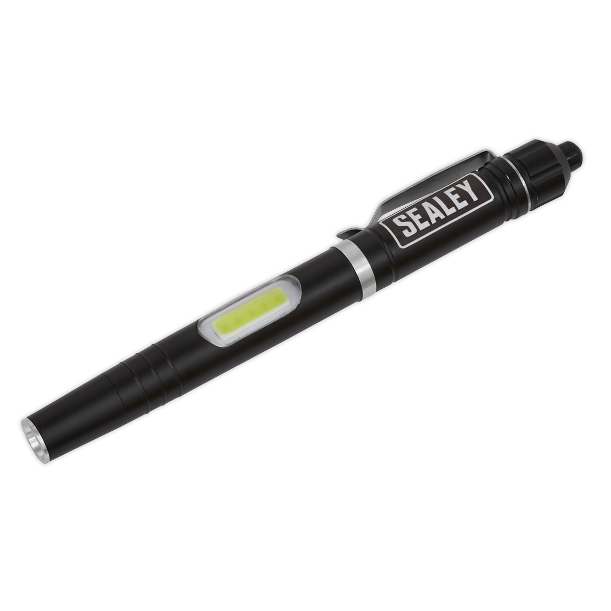 A Sealey Aluminium Penlight 3W SMD & 1W COB LED - LED016, in black with a clip and a transparent side window, delivers bright light powered by an AAA battery.