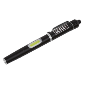 A Sealey Aluminium Penlight 3W SMD & 1W COB LED - LED016, in black with a clip and a transparent side window, delivers bright light powered by an AAA battery.