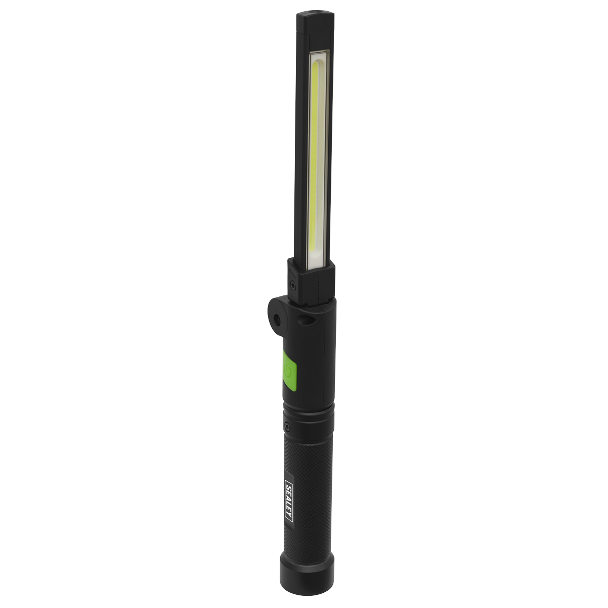 The Rechargeable Aluminium Folding Pocket Light 2 COB & 1 SMD LED - LED02G by Sealey is a sleek black pocket light featuring a rectangular LED strip, a green button, textured handle, and an IK07 high-impact rating. It includes a rechargeable lithium-ion battery for long-lasting performance.