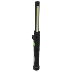 The Rechargeable Aluminium Folding Pocket Light 2 COB & 1 SMD LED - LED02G by Sealey is a sleek black pocket light featuring a rectangular LED strip, a green button, textured handle, and an IK07 high-impact rating. It includes a rechargeable lithium-ion battery for long-lasting performance.