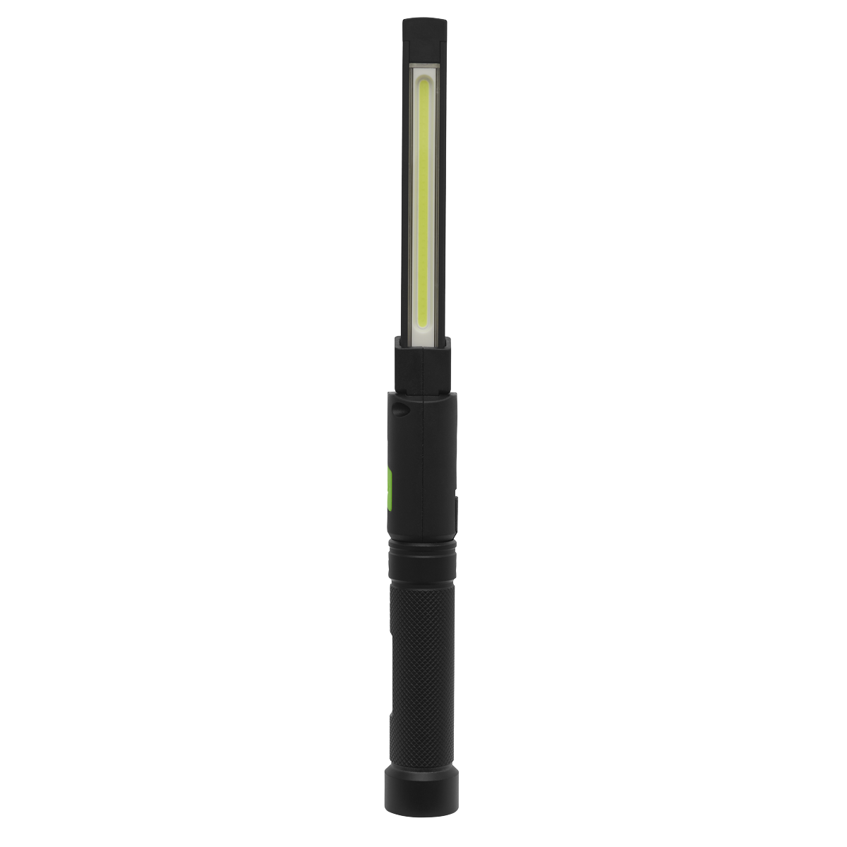 A black rechargeable aluminium folding pocket light from Sealey, model LED02G, featuring 2 COB and 1 SMD LED with a slim rectangular design and textured grip handle, is shown in an upright position. It boasts a high-impact IK07 rating and is powered by a lithium-ion battery.