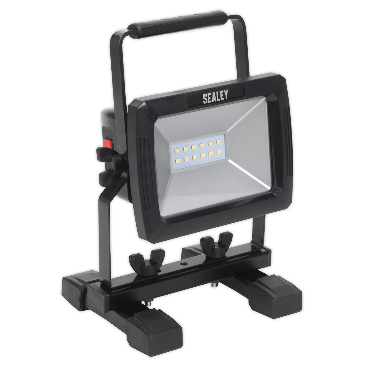 The Sealey Rechargeable Portable Floodlight 10W SMD LED - LED084 is a durable IP54 rated device featuring a handle, adjustable base, and advanced SMD LED technology with eight visible lights.