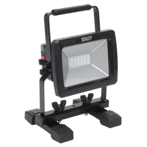 The Sealey Rechargeable Portable Floodlight 10W SMD LED - LED084 is a durable IP54 rated device featuring a handle, adjustable base, and advanced SMD LED technology with eight visible lights.