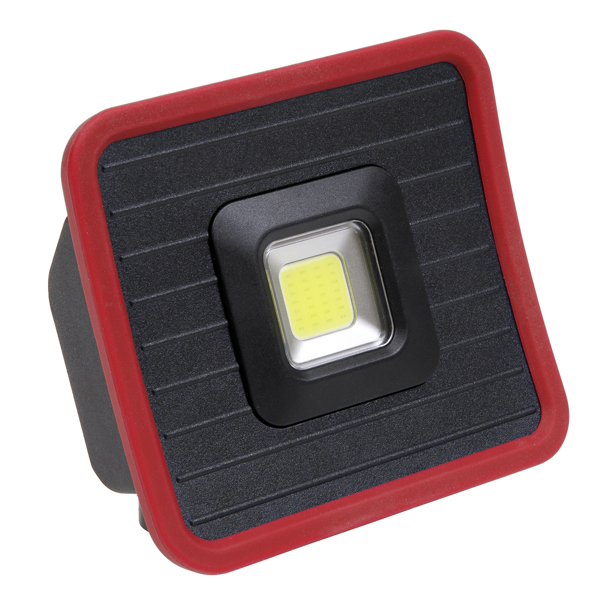 The Sealey Rechargeable Pocket Floodlight with Power Bank 10W COB LED - LED1000PB is a compact, lightweight work light featuring a red border and a central yellow LED panel, emitting 1000 lumens. It is equipped with a USB power bank for added convenience.