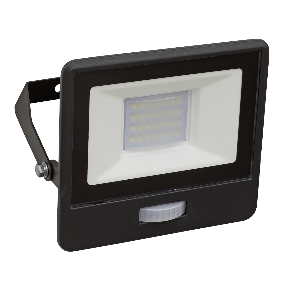 The Sealey Extra Slim Floodlight with PIR Sensor 20W SMD LED - LED112PIR is a black rectangular light with multiple SMD LEDs visible under the protective cover, complete with a mounting bracket and an IP65 rating for ultimate weather resistance.