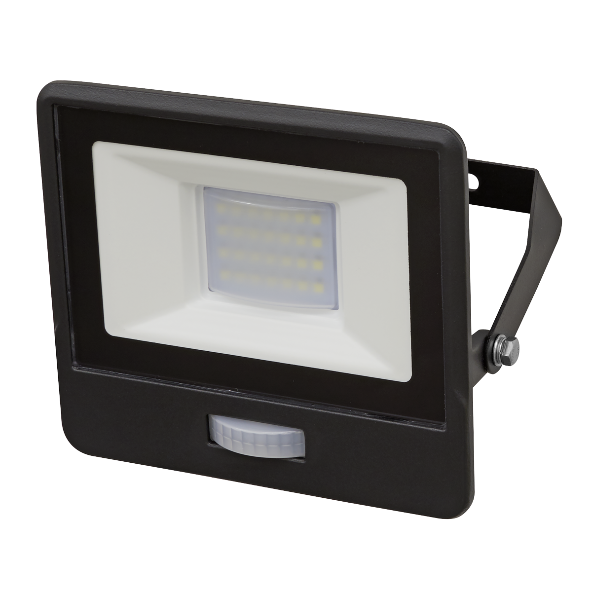 Introducing the Sealey Extra Slim Floodlight with PIR Sensor 20W SMD LED (model LED112PIR): a sleek black rectangular floodlight featuring a white LED panel, advanced SMD LED technology, and an adjustable mounting bracket. Rated IP65 for durable outdoor use.