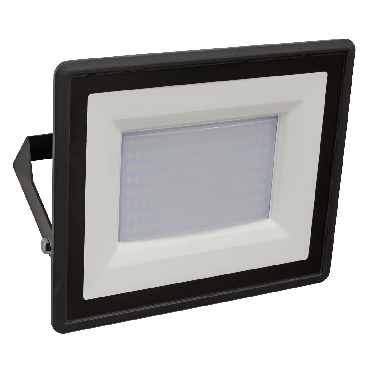 The Sealey Extra Slim Floodlight with Wall Bracket 100W SMD LED - LED115 is a rectangular light featuring ultra-bright illumination and a sleek black and white frame, mounted on a sturdy black bracket. Its die-cast aluminium housing guarantees durability and longevity.