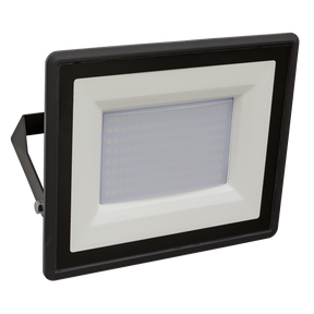 The Sealey Extra Slim Floodlight with Wall Bracket 100W SMD LED - LED115 is a rectangular light featuring ultra-bright illumination and a sleek black and white frame, mounted on a sturdy black bracket. Its die-cast aluminium housing guarantees durability and longevity.