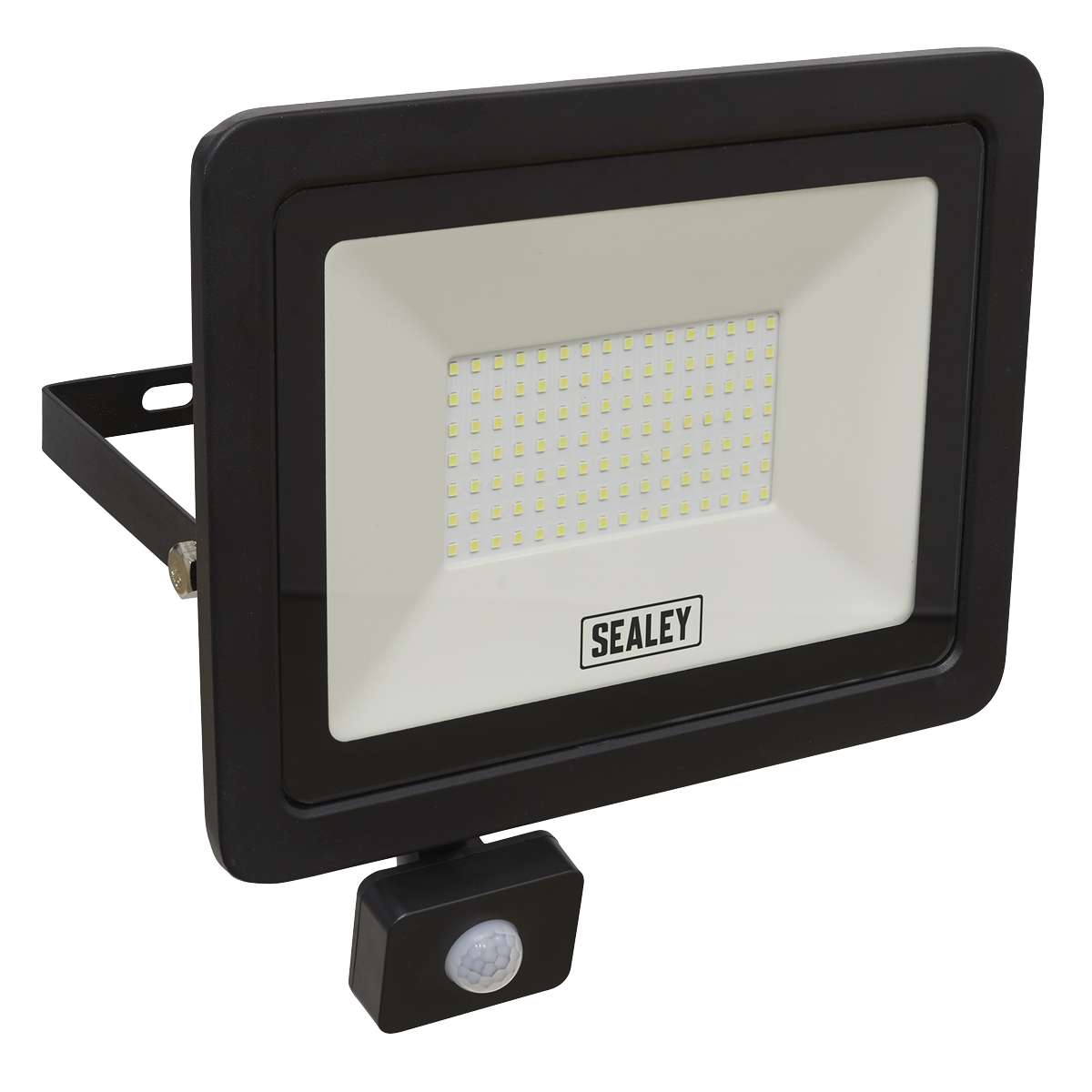 The Sealey Extra Slim Floodlight with PIR Sensor 100W SMD LED - LED115PIR is set in a rectangular black frame and features SMD LED technology, offering an outdoor mounting option with a PIR motion detector attached at the bottom.