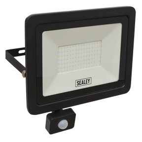 The Sealey Extra Slim Floodlight with PIR Sensor 100W SMD LED - LED115PIR is set in a rectangular black frame and features SMD LED technology, offering an outdoor mounting option with a PIR motion detector attached at the bottom.
