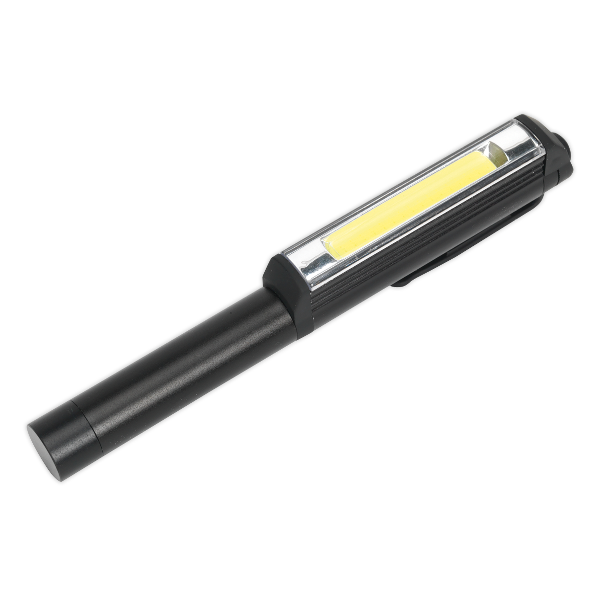 The Sealey Penlight 3W COB LED 3 x AAA Cell - LED125 is a professional black aluminium handheld flashlight, incorporating a yellow strip light and a cylindrical handle. It delivers up to 280 lumens of brightness and includes a convenient pocket/belt clip with an integrated magnet.