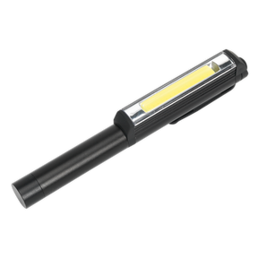 The Sealey Penlight 3W COB LED 3 x AAA Cell - LED125 is a professional black aluminium handheld flashlight, incorporating a yellow strip light and a cylindrical handle. It delivers up to 280 lumens of brightness and includes a convenient pocket/belt clip with an integrated magnet.