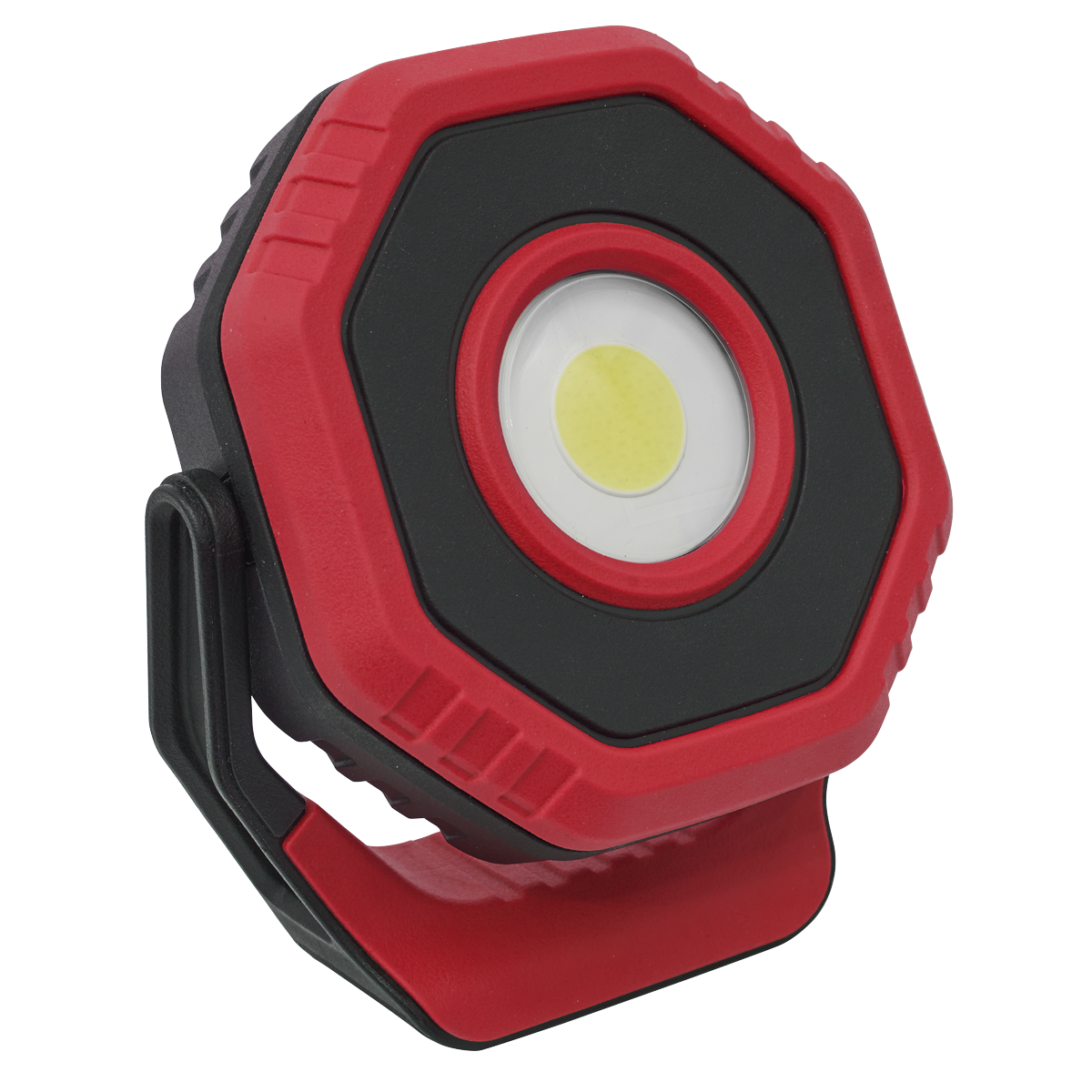 The Sealey Rechargeable Pocket Floodlight with Magnet 360° 14W COB LED - Red (LED1400PR) is a compact, hexagonal red and black portable LED work light featuring a built-in stand, offering 1400 lumens of brightness and constructed with durable aluminium housing.