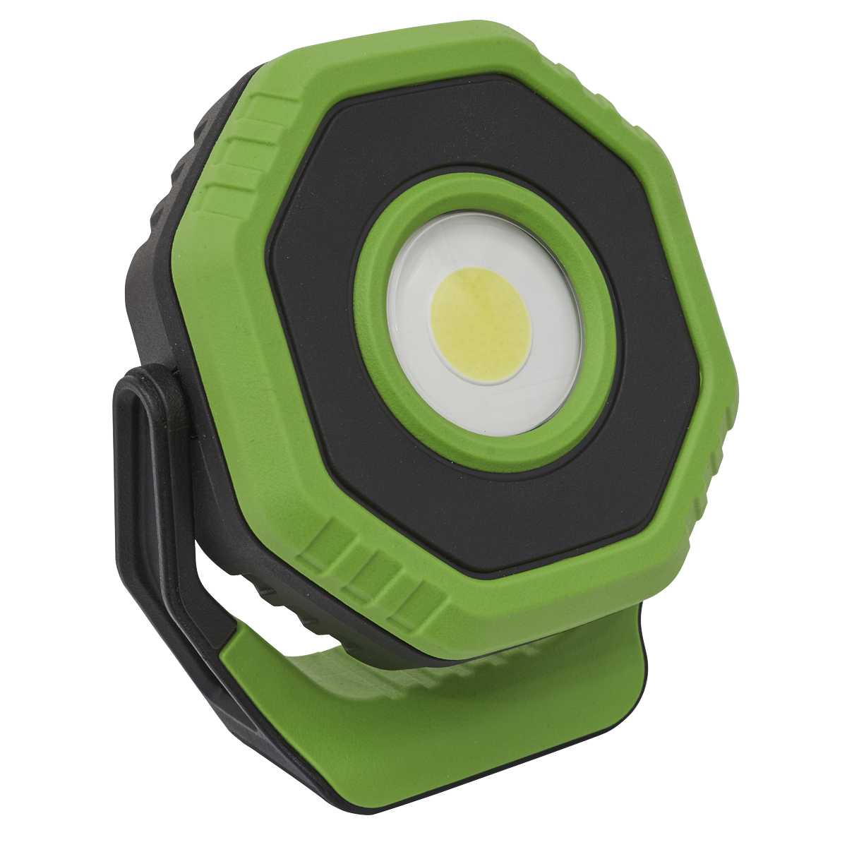 The Sealey Rechargeable Pocket Floodlight with Magnet 360° 14W COB LED in green, known as the LED1400P, features a portable octagonal design with an adjustable stand. This durable work light delivers an impressive 1400 lumens and is powered by a lithium-ion battery for extended use.