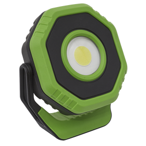 The Sealey Rechargeable Pocket Floodlight with Magnet 360° 14W COB LED in green, known as the LED1400P, features a portable octagonal design with an adjustable stand. This durable work light delivers an impressive 1400 lumens and is powered by a lithium-ion battery for extended use.