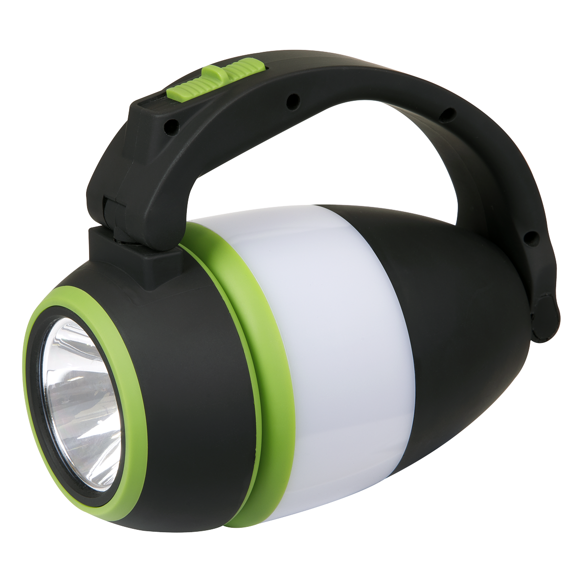 The Sealey SMD LED Rechargeable 3-in-1 Spotlight 3W - LED140, a black and green handheld flashlight with a handle and two buttons on top and featuring a white central section, has now been upgraded to provide an even brighter illumination with its 105 Lumen Spotlight.