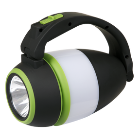 The Sealey SMD LED Rechargeable 3-in-1 Spotlight 3W - LED140, a black and green handheld flashlight with a handle and two buttons on top and featuring a white central section, has now been upgraded to provide an even brighter illumination with its 105 Lumen Spotlight.