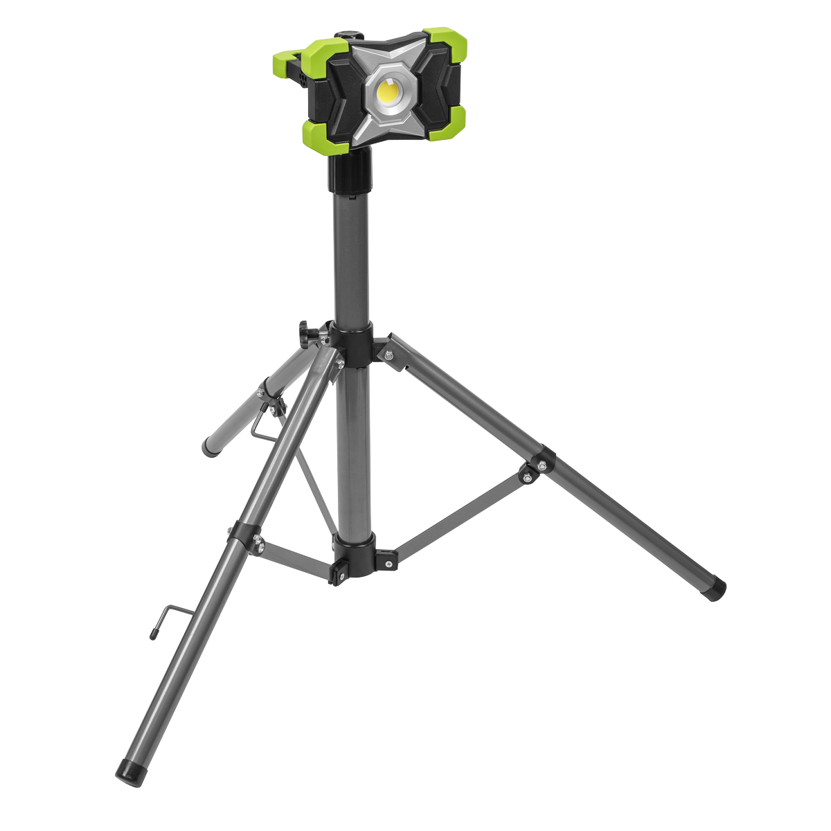 The Sealey 15W COB LED Portable Floodlight & Telescopic Tripod - LED1500PBKIT features a rechargeable battery and is mounted on an adjustable telescopic tripod, showcasing a sleek black, gray, and green color scheme.