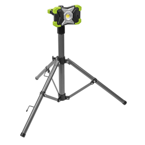 The Sealey 15W COB LED Portable Floodlight & Telescopic Tripod - LED1500PBKIT features a rechargeable battery and is mounted on an adjustable telescopic tripod, showcasing a sleek black, gray, and green color scheme.