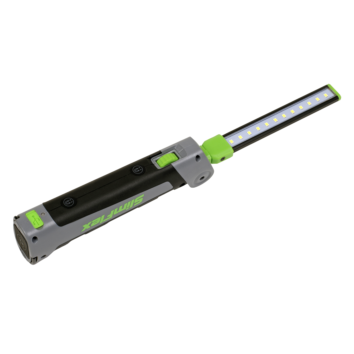 The Sealey Rechargeable Slim Folding Inspection Light 4W & 1W SMD LED Lithium-ion - LED180 is a portable, handheld LED light with a green and black body, featuring a slim, extendable bar with multiple SMD LED bulbs and a rechargeable lithium-ion battery.