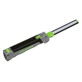 The Sealey Rechargeable Slim Folding Inspection Light 4W & 1W SMD LED Lithium-ion - LED180 is a portable, handheld LED light with a green and black body, featuring a slim, extendable bar with multiple SMD LED bulbs and a rechargeable lithium-ion battery.